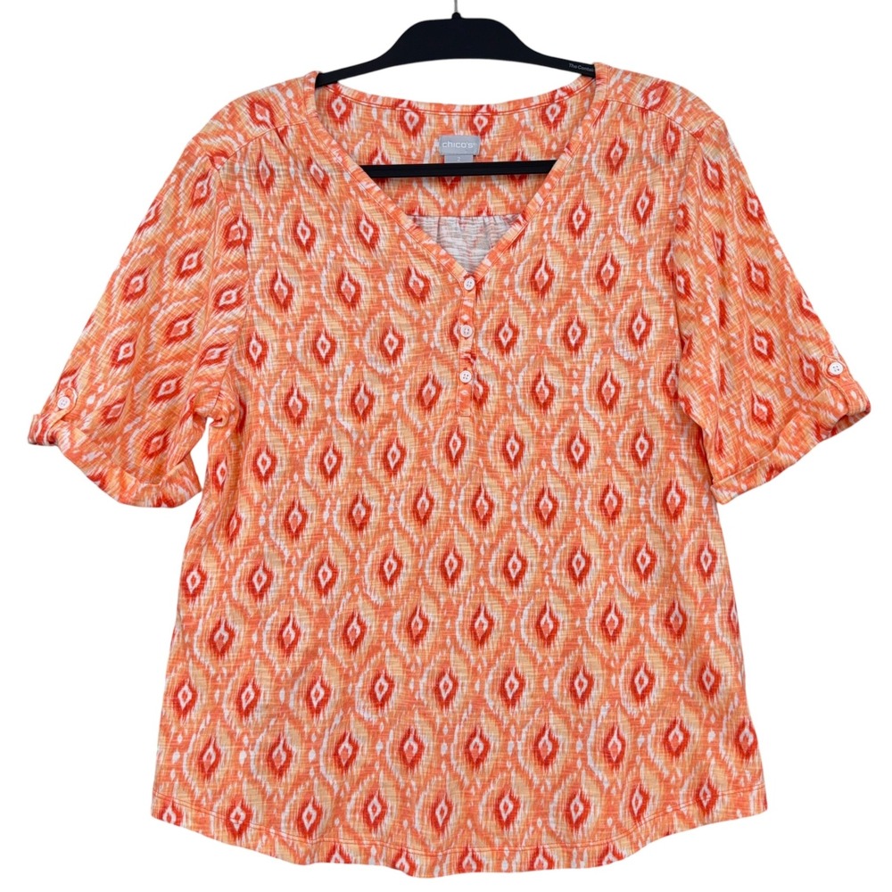 Chicos Ikat Henley Top Women 2 L Cotton‎ Modal Orange